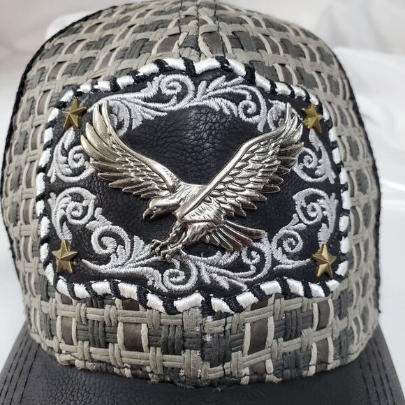 Eagle Embroidered Trucker Cap Woven Design & Mesh Back Gray/Black USA Headwear - Picture 2 of 6